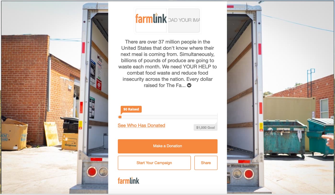 A live FarmLink fundraiser page